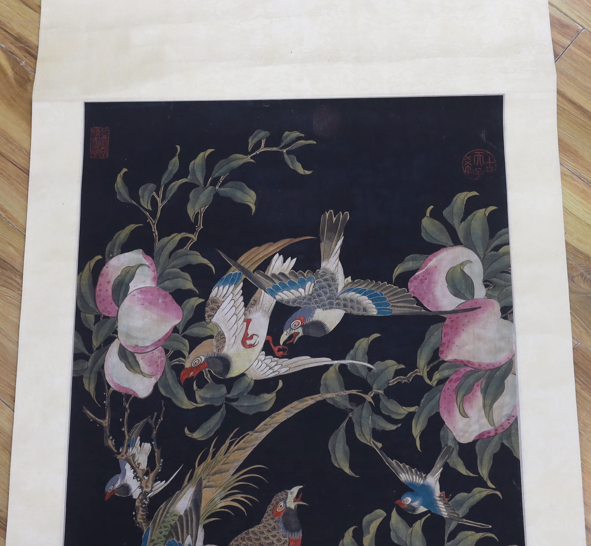 A Chinese hundred bird painted scroll, 239cm high